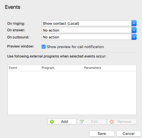 Call Events options