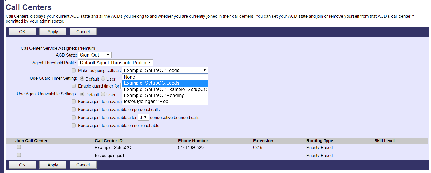 Call Centers settings