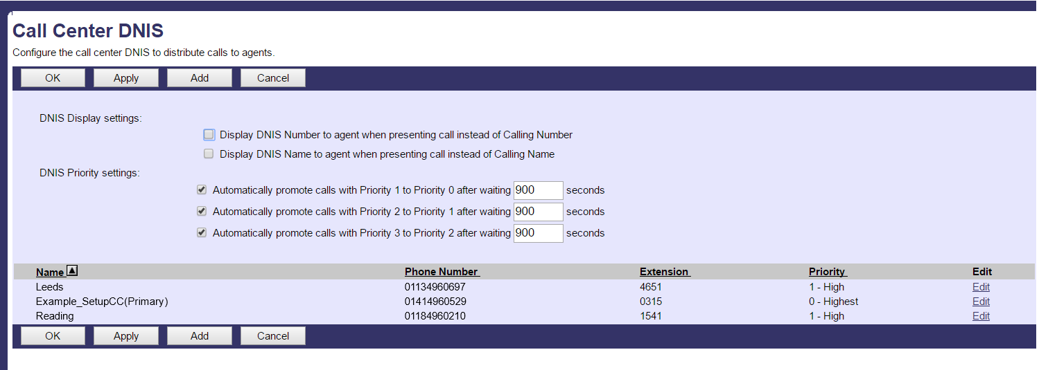 Call Centers settings