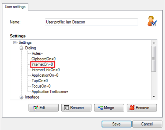 User settings window