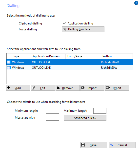 User settings window