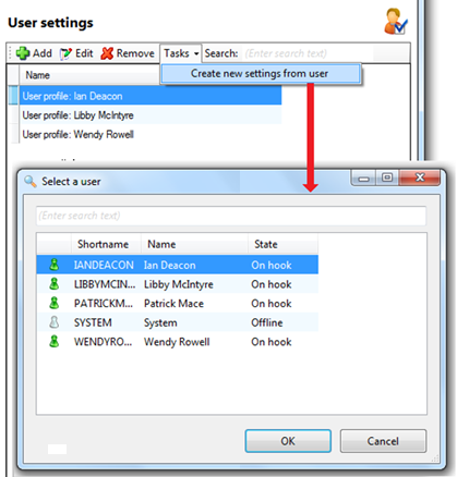 User settings window
