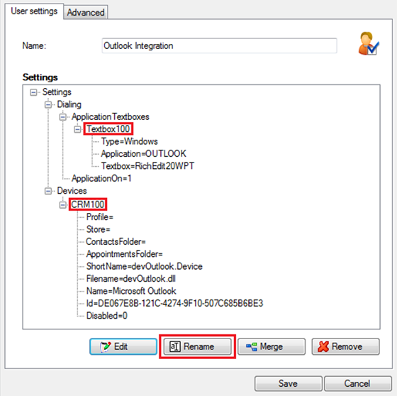 User settings window