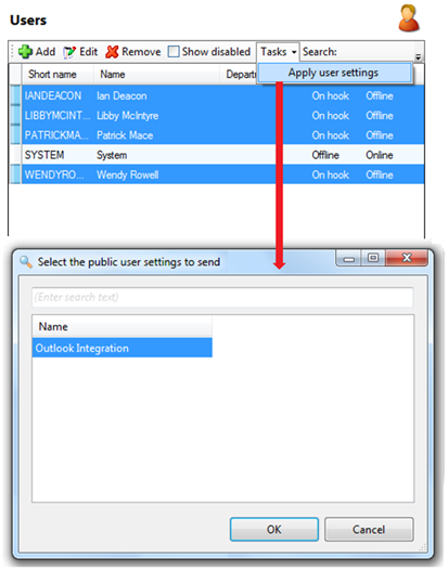 User settings window