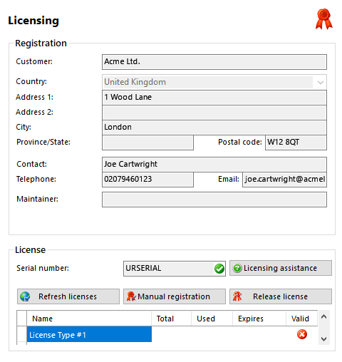 Licensing details window