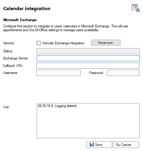 Calendar Integration window