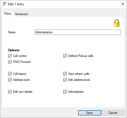 Security policies record Policy tab