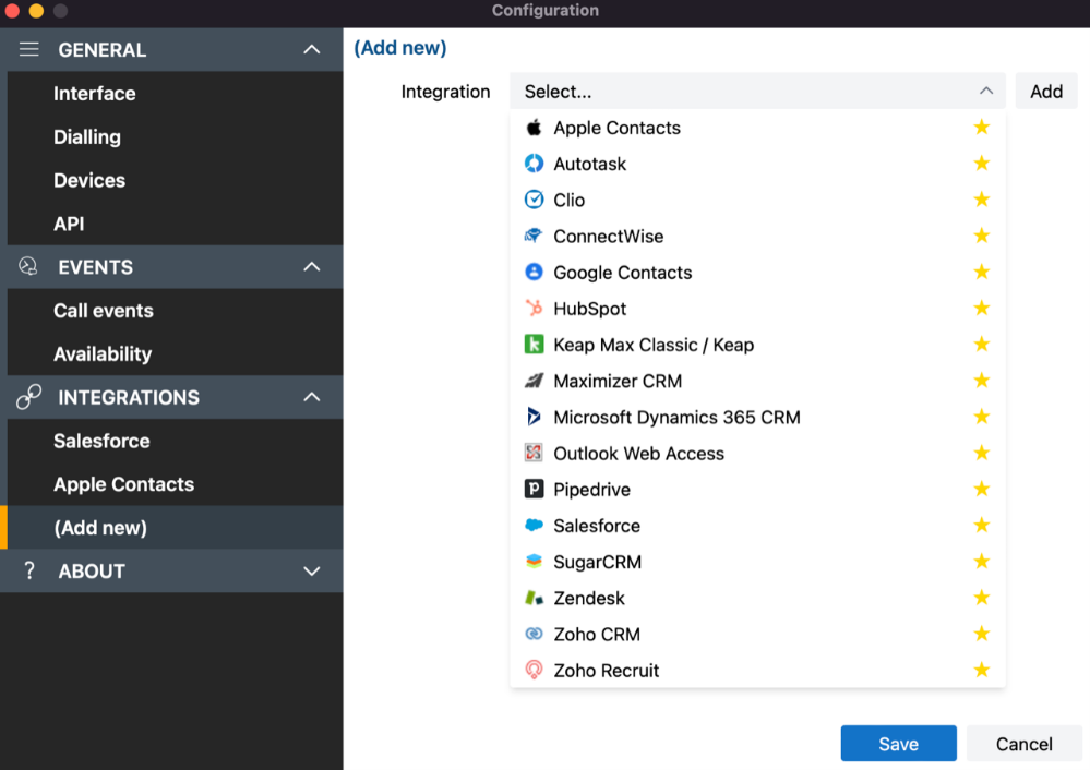 Configuration settings integrations add new