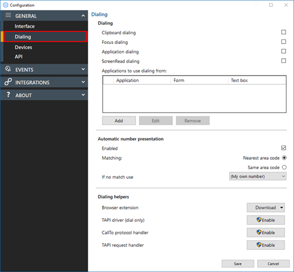 configuration settings dialing