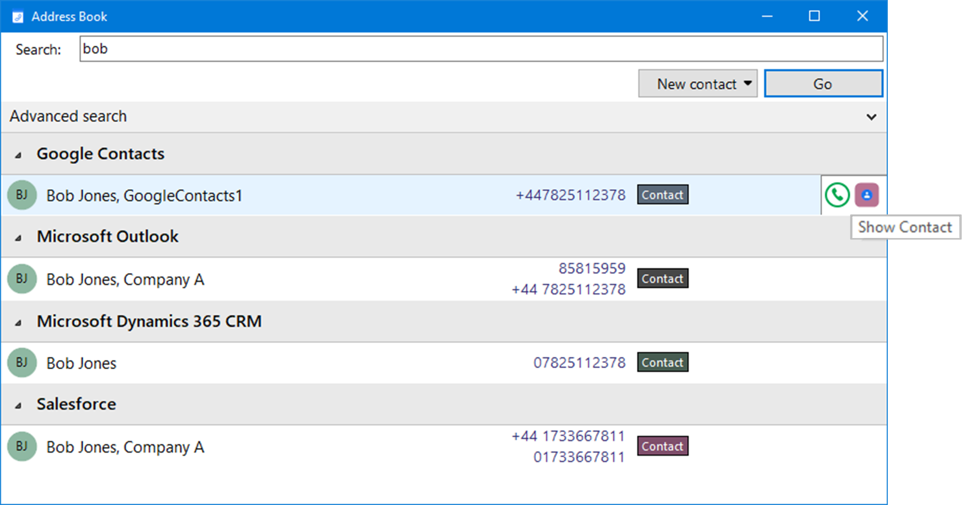 tray mode address book search