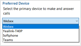 tray mode preferred device drop-down menu