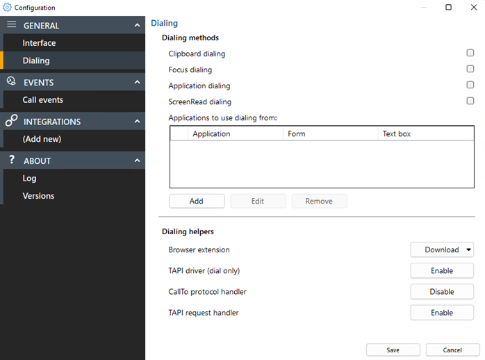 configuration settings dialing