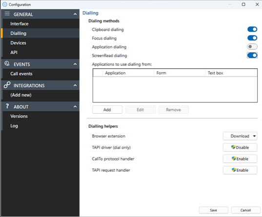 configuration settings dialing