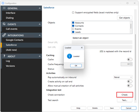 salesforce crm connection status check window