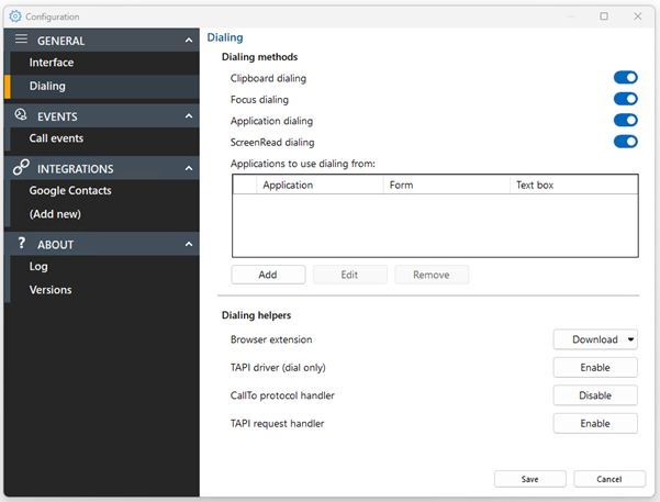 configuration settings dialing