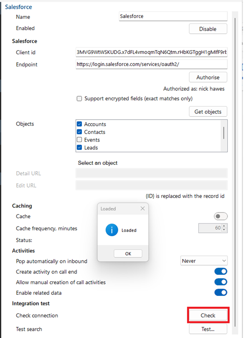 salesforce crm connection status check window