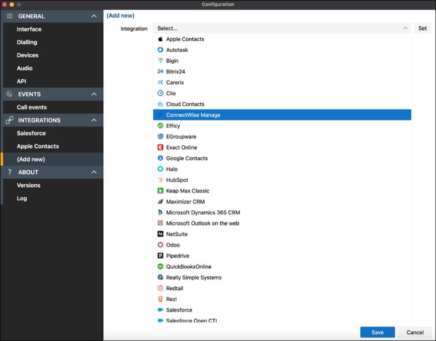 Configuration settings integrations add new