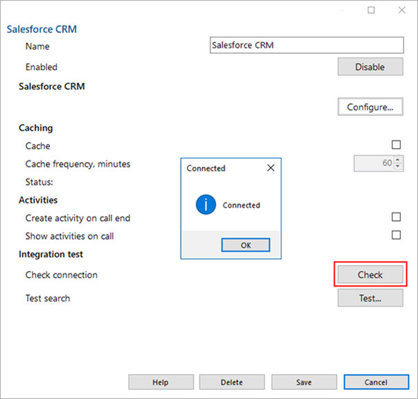 salesforce crm connection status check window